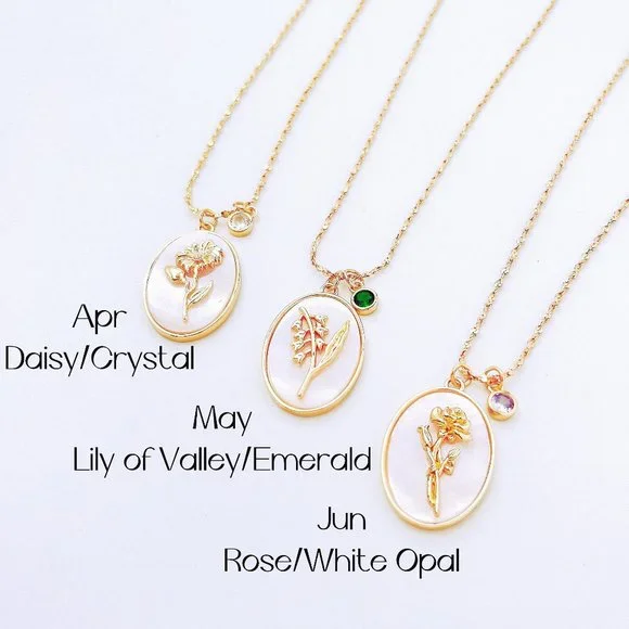 New Birth Flower Necklace with Birthstone Gold Necklace, Mother of Pearl Pendant - Picture 6 of 7